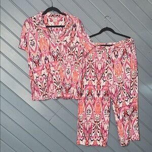 Soma Cool Nights Pink Orange Cropped Pant and Short Sleeve Button Down PJ Set